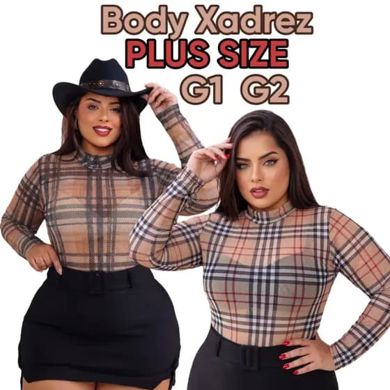 BLUSA BODY XADREZ PLUS SIZE TULE MANGA LONGA LOOK FESTA JUNINA RODEIO FESTIVAL PLUS SIZE 46 A 54
