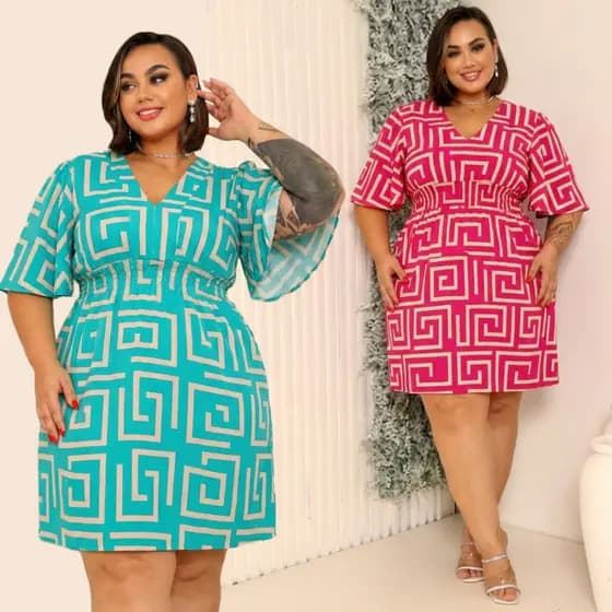 VESTIDO PLUS SIZE LOOK VERÃO MANGA CURTA ELÁSTICO CINTURA 46 A 48