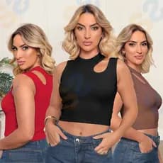 Kit 3 Cropped Feminino 2 alças Canelado Anaruga com Textura Moda Gringa Blogueira Verão 2025 Confort