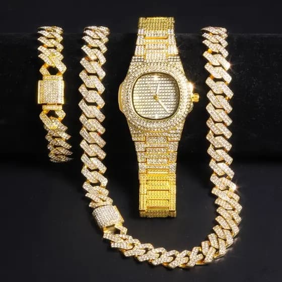 Relógio Colar Ice Diamante Cravejado Kit 3 pçs Relógio + Corrente + Pulseira