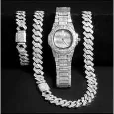 Relógio Ice Diamante Cravejado Kit 3 pçs Relógio + Corrente + Pulseira