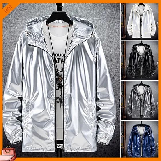 1.br Men Hooded Jacket Bright Surface Zipper Solid Color Slim Fit Waterproof Spring Autumn Elastic Cuff Coat Streetwear
