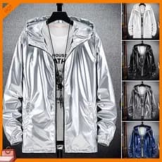 1.br Men Hooded Jacket Bright Surface Zipper Solid Color Slim Fit Waterproof Spring Autumn Elastic Cuff Coat Streetwear