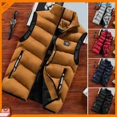 [EDG] Men Winter Stand Collar Padded Vest Windproof Warm Sleeveless Zipper Down Waistcoat With Pockets Strap Decor