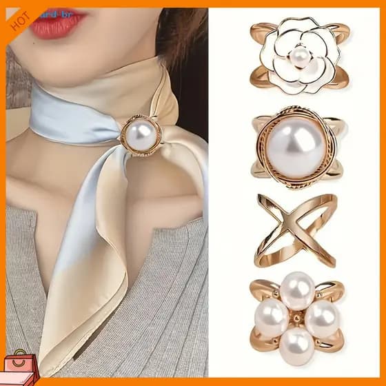 Camellia Scarf Buckle 4pcs X Shape Rings with Faux Pearl Clips Metal Buckles for Women Perfect for Silk Scarves Shirts S