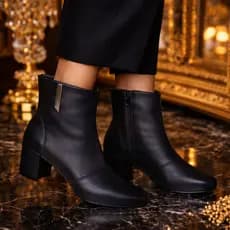 Bota Feminina Cano Curto Bico Quadrado Salto 5,5cm Bloco Grosso Elegante Casual Zíper Lateral Moda Clássica