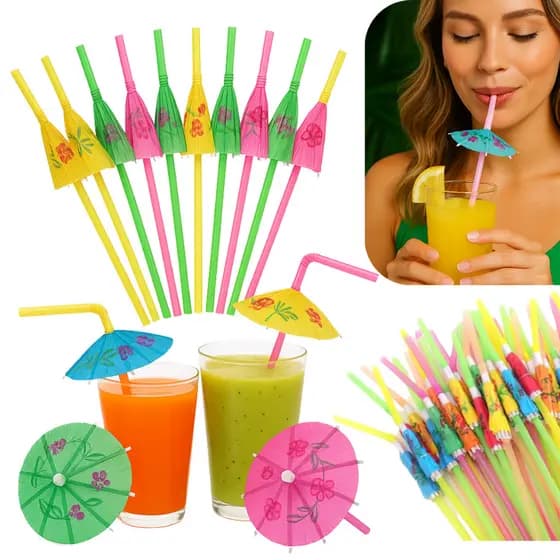 Canudo com Guarda-Chuva Colorido para Drinks – Kit 40, 60, 80, 100 ou 120 Un Festa Tropical