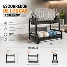 escorredor de louça organizador aço inox 2 andares cozinha cor carbono 42cm