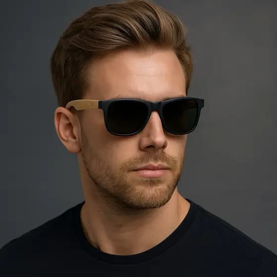 Oculos de Sol Polarizado Quadrado Masculino com Astes Plástico com Efeito Bambu