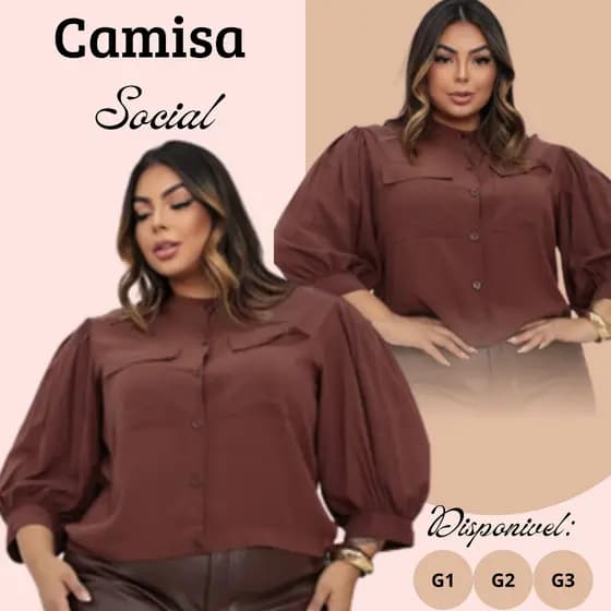 Camisa Social Lisa Femenina camisa com Manga 3/4 Botoes Funcional, Blusa Femenina