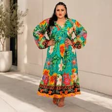 Vestido Plus Size Estampa Tropical Manga Longa Moda Feminina