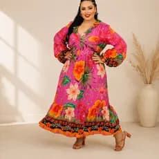Vestido Femenino Plus Size com Forro Estampado Elegante Sofisticado Tendência Manga Longa