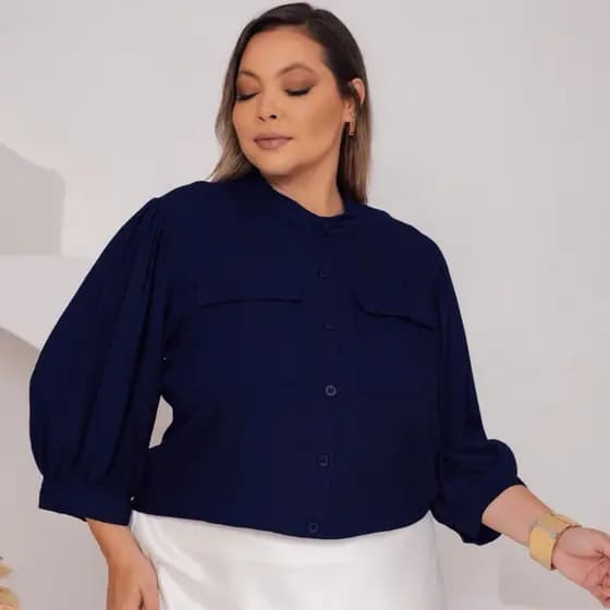 Camisa Blusa Social/Feminina/Manga Princesa/de 8 Botões/em/Tecido/liso/Viscolinho
