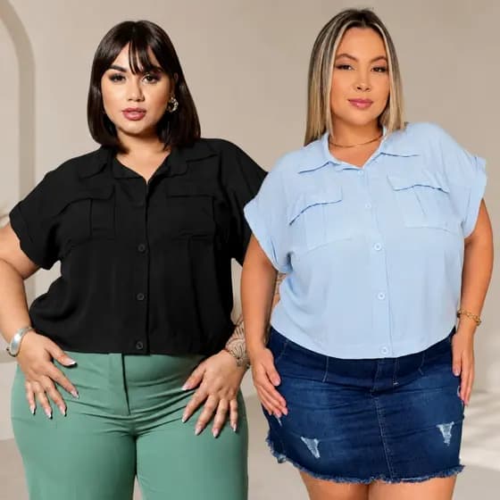 Camisa Plus Size Feminina com Botões Manga Curta en Viscolinho G1 G2 G3
