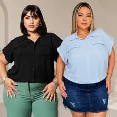Camisa Plus Size Feminina com Botões Manga Curta en Viscolinho G1 G2 G3
