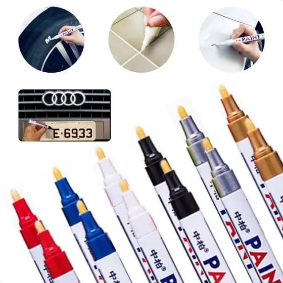 Kit 2 Canetas Tinta Permanente A Prova Dágua Reparadora Pinta Metal Plástico Vidro Madeira Tecido Tira Riscos Carro Motos Paint Marker Original Retoque Placa Automotiva Tenis Pnêus Automotivo Cores Preto Branco Prata (Cinza) Dourado Azul Vermelha