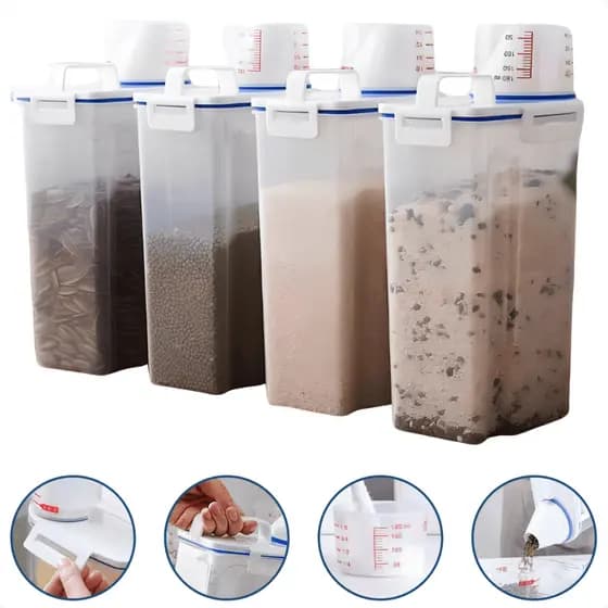 Pote Hermético Mantimentos Arroz Feijão Ração 2L Dispenser Cereal Plástico Transparente Copo Medidor Cozinha Organizador