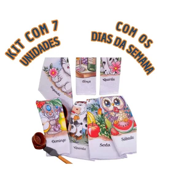 Kit de 7 Panos de Prato Semana 100% Algodão Estampas Bonitas e Funcionalidade Diária Cozinha Louça