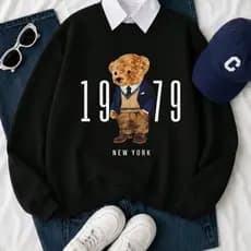 Moletom Feminino Gola Careca 1979 NY Urso Blusa de Frio Quentinha Estilosa Vintage Preppy Elegante