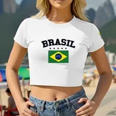 Cropped Camiseta Blusa Gola Redonda Brasil Bandeira Futebol Copa Mundo 100% Algodão T-shirt Estilosa