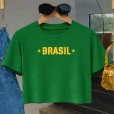 Cropped Feminino Estampado Brasil Seleção Brasileira Top Camiseta Tecido de Algodão Leve Confortável