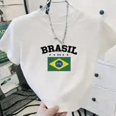 Cropped Feminino Estampado Brasil Para a Copa do Mundo Blusinha Casual Manga Curta Gola Redonda