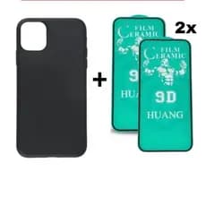 Kit 3em1 Case Preta + 2x Película Cerâmica iPhone 11 12 13 14 15 16 Pro Max | AV