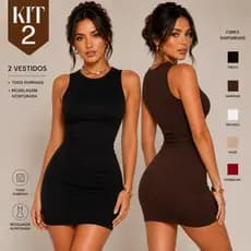 Kit 2 Vestidos Femininos Colado Regata Tubinho Duplo Forrado Premium