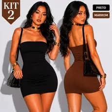 Kit 2 Vestidos Tomara que Caia Curto Colado Forrado Premium Suplex Gringa