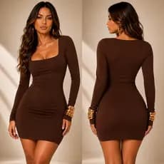 Vestido Feminino Curto Manga LOnga Decote Quadrado Gringa Outono/inverno