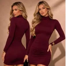 Vestido  Feminino Curto Inverno Gola Alta Cacharrel Manga Longa Colado Suplex Premium
