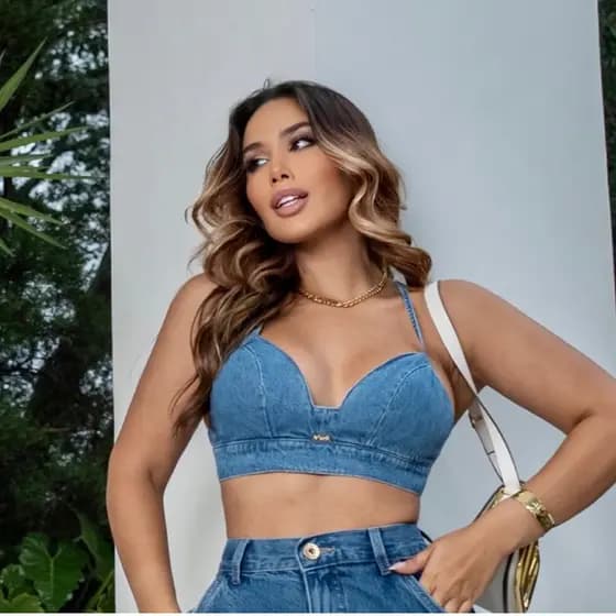 Top Cropped Jeans Feminino Trançado Premium Sem Bojo 100% Algodão Moda Blogueira Modelador