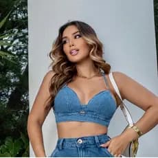 Top Cropped Jeans Feminino Trançado Premium Sem Bojo 100% Algodão Moda Blogueira Modelador