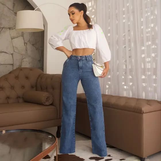 Calça Jeans Premium Feminina Wide Leg Pantalona Marmorizada Cintura Alta Bolso Faca Sem Elastano Lycra