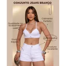 Conjunto Jeans Branco Top Ajustável Short Premium Cintura Alta Fim de Ano Sem Elastano Laicra Algodão 100%