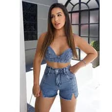Conjunto Jeans Top e Short Pedraria de Strass Carnaval Marmorizado Cintura Alta Sem Laicra