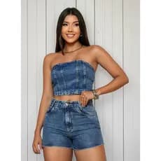 Conjunto Jeans Feminino Cropped Top Short Cintura Cós Alta Marmorizado Americano Sem Elastano Laicra 100% Algodão Básico