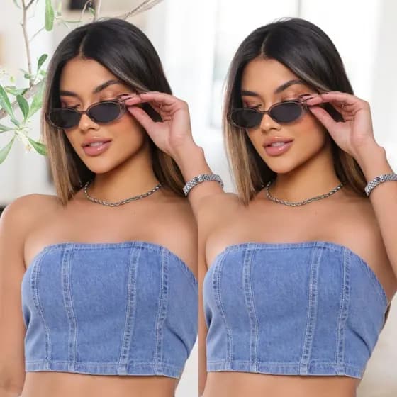 Blusa Cropped Top Jeans Feminino Premium Tomara Que Cai Sem Laicra Ajustável Sem Bojo  Modelador Super Confortável