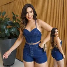 Conjunto Jeans Feminino Azul Escuro Cropped Alcinha Short Cintura Alta 4 Botões