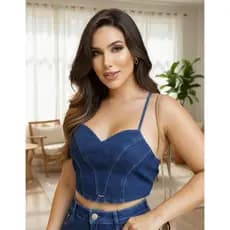 Cropped Top Jeans Escuro Trançado Costas Alcinha Sem Bojo