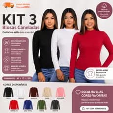 Kit 3 Blusas Gola Alta Canelada Manga Comprida Longa Cacharrel Confortável Segunda Pele Com Elastano Básica