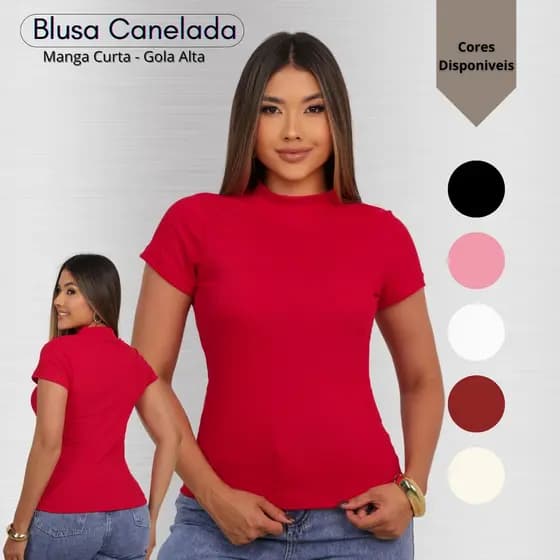 Blusa Feminina Canelada Premium Manga Curta Gola Alta Elegante Slim Básica Estilosa Trabalho Básica Sofisticada