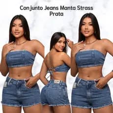 Conjunto Jeans Jeans Top Cropped Ajustável Short Mom Manta Strass Brilho Modelador Empina Bumbum Confortável