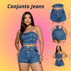 Conjunto Jeans Feminino Cropped Top Short 4 Botões Coloridos Neon Cintura Cós Alto Sem Elastano Verão Empina Bumbum