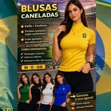 Blusa Brasil Feminina Canelada Gola Alta Copa Do Mundo Brasão Manga Curta Babylook  Brazilian