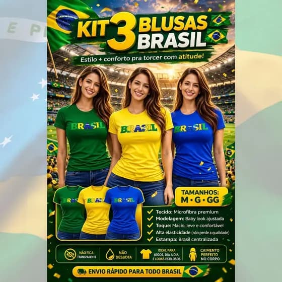 Kit 3 Blusas Feminina do Brasil Gola Redonda Manga Curta Cores Copa do Mundo Confortável