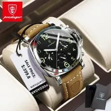 POEDAGAR watch, luxurious luminous date chronograph leather waterproof men's quartz watch