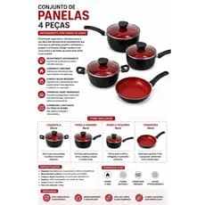 Jogo de Panelas 4 Peças Antiaderente Indução com Tampa Vidro Cor Preto e Vermelho Conjunto Premium