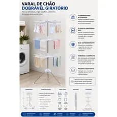 Varal De Chão Dobrável Giratório 360° Com 24 Prendedores Secador De Roupas Compacto Lavanderia