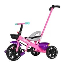 Triciclo Infantil com Empurrador Dirigível Rosa Cinto Cadeirinha Cesto Até 25kg 3 Anos